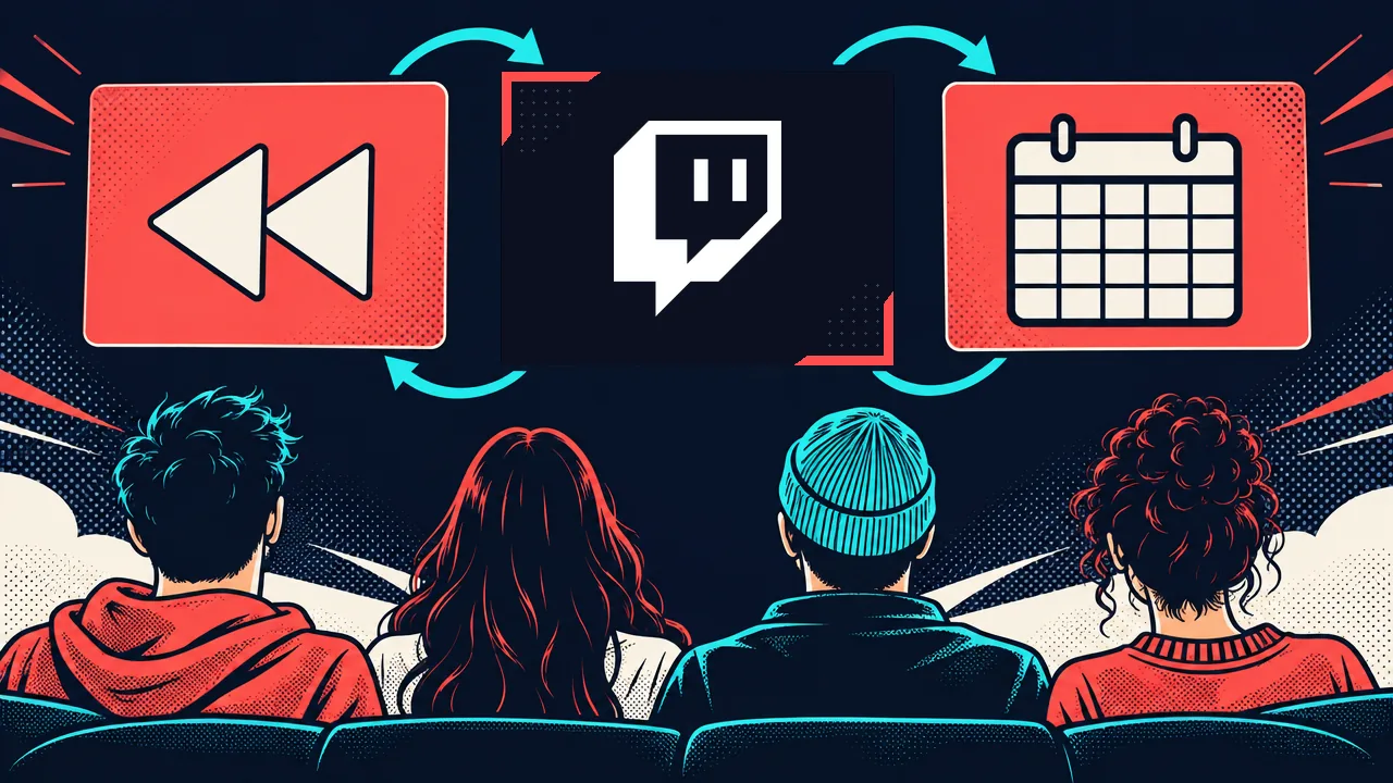 Comic illustration of four seated viewers below rewind and calendar cards, with a white Twitch Glitch logo on a dark central panel.