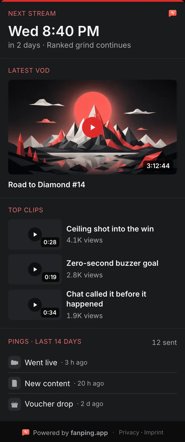 Dark fanping Hub offline panel showing the next stream, latest VOD, top clips and a demo ping feed.