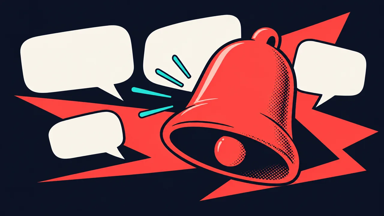 A coral comic bell is surrounded by blank speech bubbles, cyan motion strokes and angular coral shapes across a navy background.